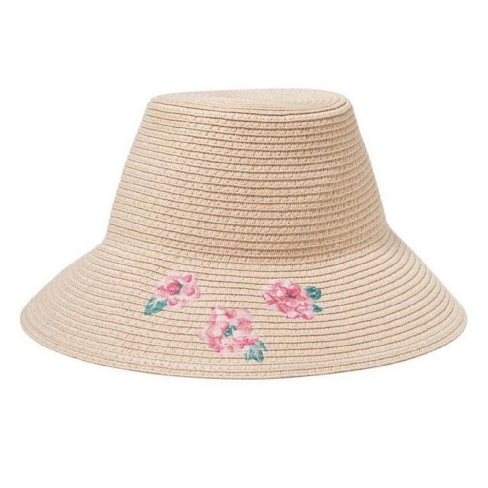 Janie and Jack Beige Straw Sun Hat with Pink Floral Embroidery